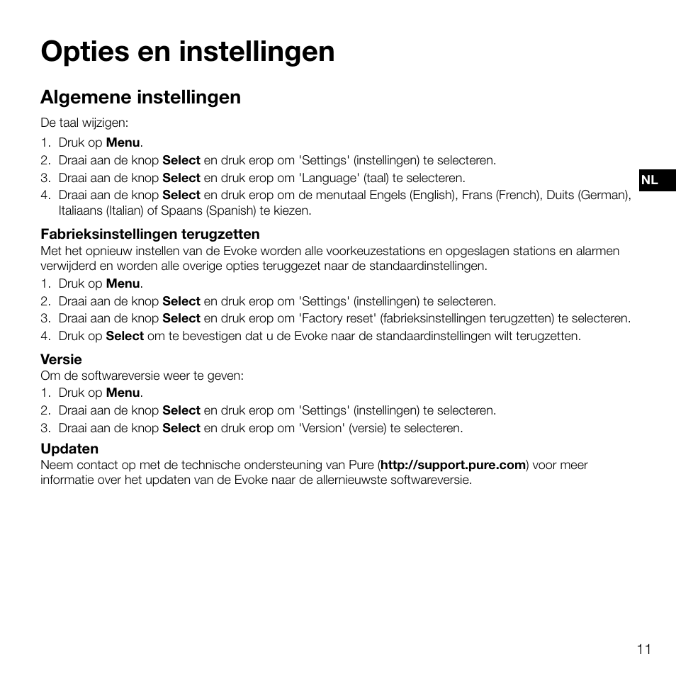 Opties en instellingen, Algemene instellingen | Pure Evoke D2 User Manual | Page 79 / 104