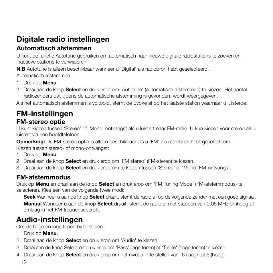 Fm-instellingen, Digitale radio instellingen, Audio-instellingen | Fm-stereo optie, Fm-afstemmodus, Automatisch afstemmen | Pure Evoke D2 User Manual | Page 80 / 104