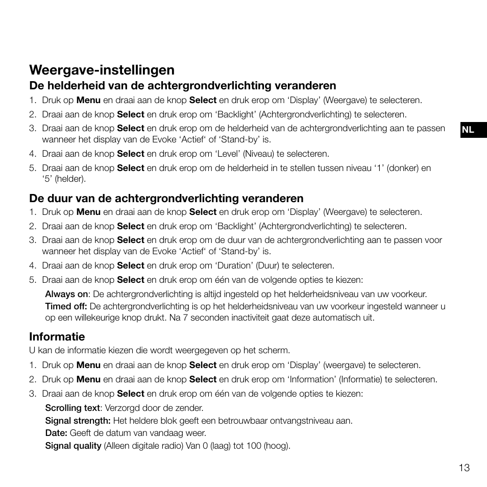 Weergave-instellingen, De duur van de achtergrondverlichting veranderen | Pure Evoke D2 User Manual | Page 81 / 104