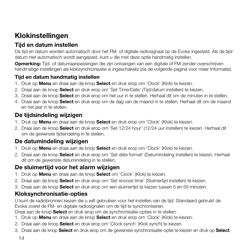 Klokinstellingen, Tijd en datum instellen, De tijdsindeling wijzigen | De datumindeling wijzigen, Kloksynchronisatie-opties, De sluimertijd voor het alarm wijzigen | Pure Evoke D2 User Manual | Page 82 / 104