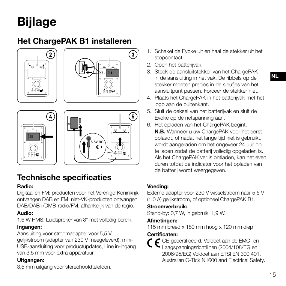 Bijlage, Het chargepak b1 installeren, Technische specificaties | Pure Evoke D2 User Manual | Page 83 / 104