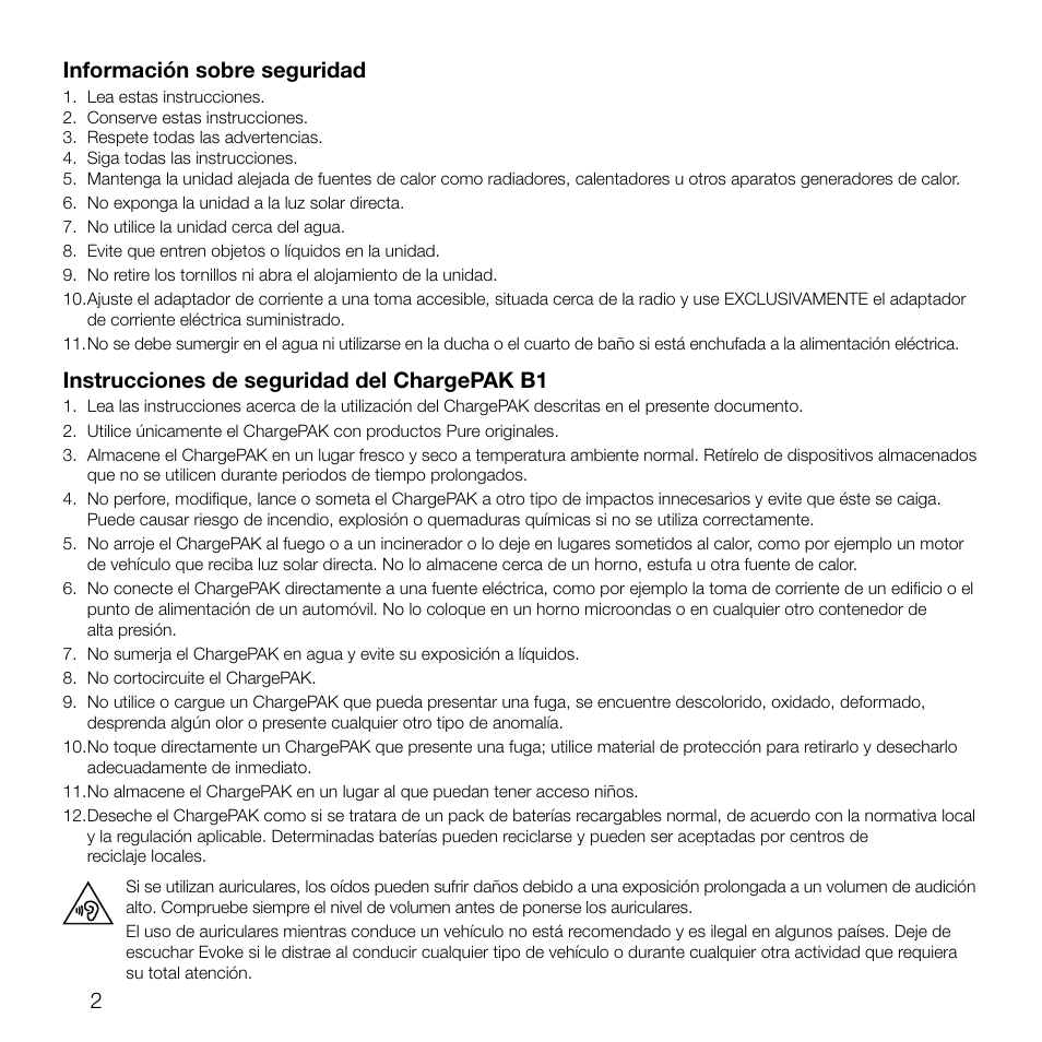 2información sobre seguridad, Instrucciones de seguridad del chargepak b1 | Pure Evoke D2 User Manual | Page 86 / 104