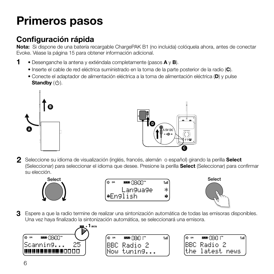 Primeros pasos, Configuración rápida, English language | Scanning, Now tuning... bbc radio 2, The latest news bbc radio 2 | Pure Evoke D2 User Manual | Page 90 / 104