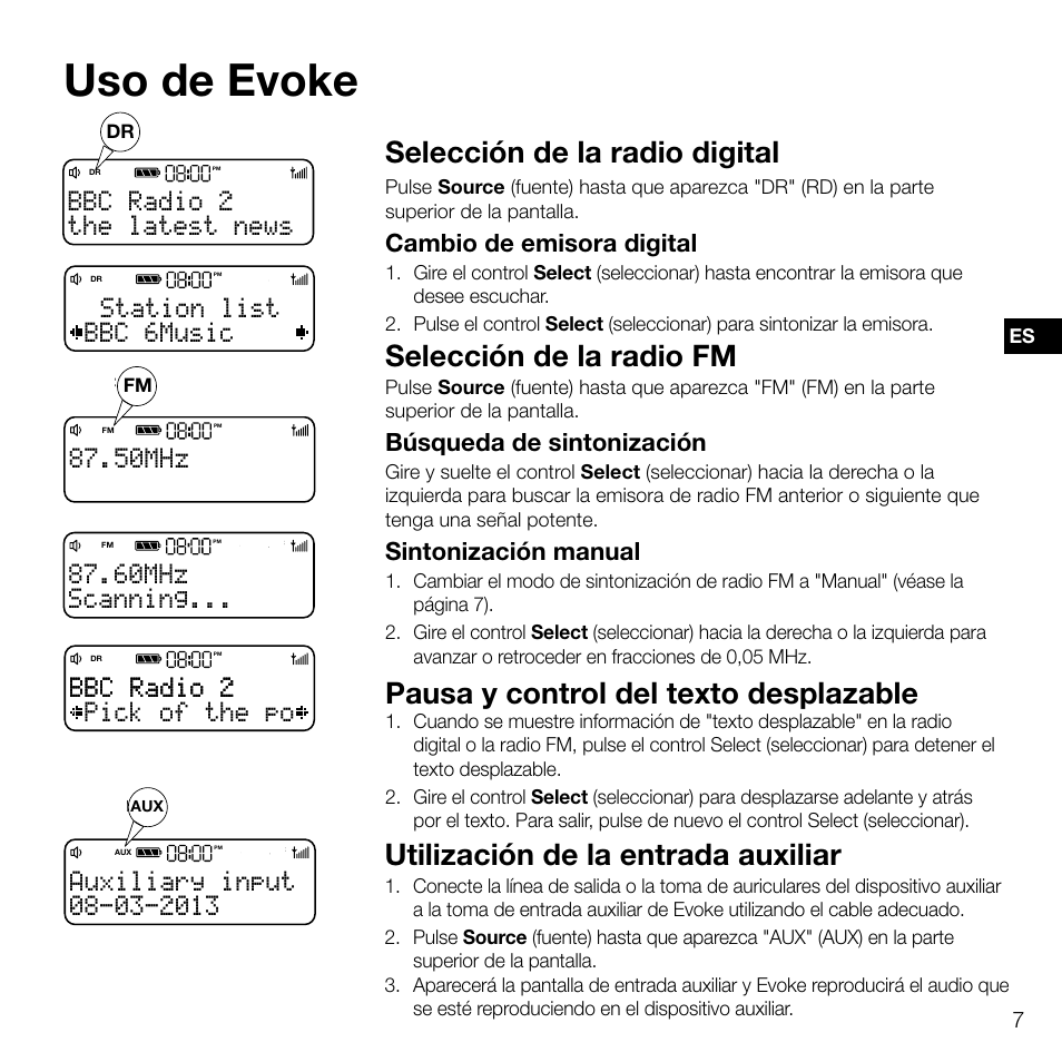 50mhz the latest news bbc radio 2, Uso de evoke, Selección de la radio digital | Selección de la radio fm, Utilización de la entrada auxiliar, Pausa y control del texto desplazable, The latest news bbc radio 2, Bbc 6music station list, Pick of the po bbc radio 2 bbc radio 2 | Pure Evoke D2 User Manual | Page 91 / 104