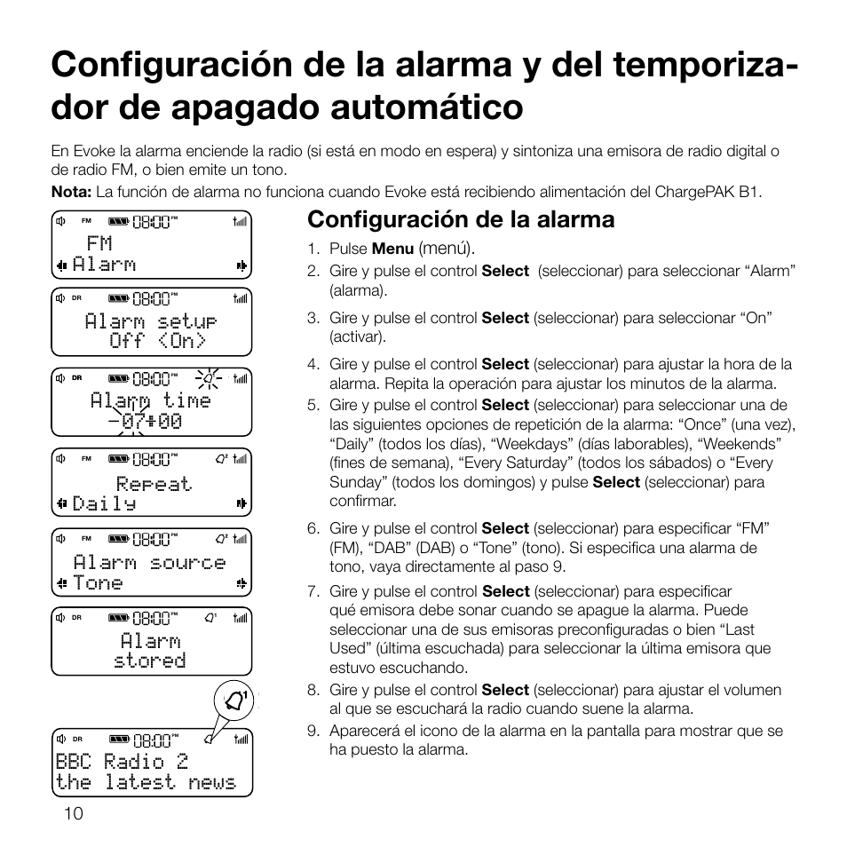 Configuración de la alarma, The latest news bbc radio 2, Off <on> alarm setup | 00 alarm time, Stored alarm, Fm alarm, Repeat daily, Alarm source tone | Pure Evoke D2 User Manual | Page 94 / 104