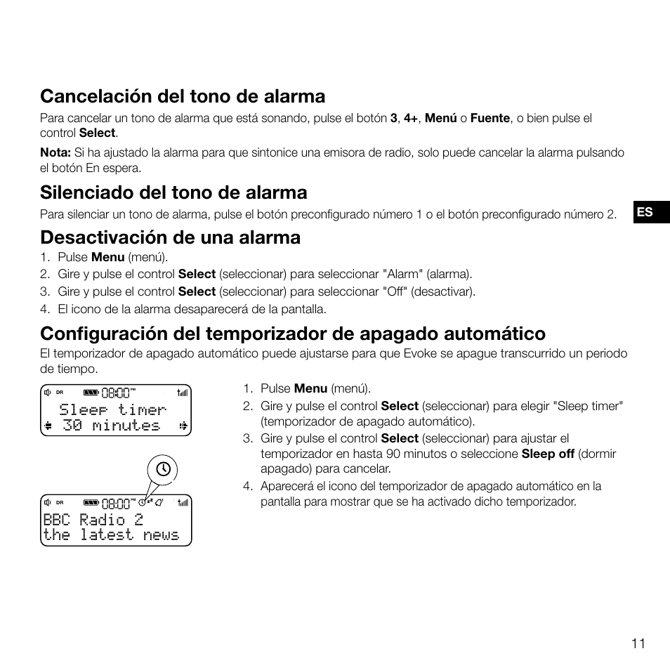 Cancelación del tono de alarma, Silenciado del tono de alarma, Desactivación de una alarma | The latest news bbc radio 2, Sleep timer 30 minutes | Pure Evoke D2 User Manual | Page 95 / 104