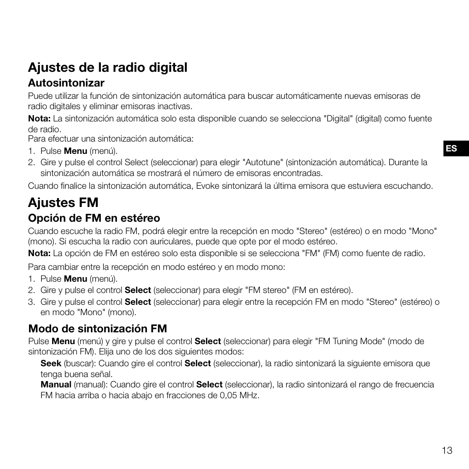 Ajustes de la radio digital, Ajustes fm, Autosintonizar | Opción de fm en estéreo, Modo de sintonización fm | Pure Evoke D2 User Manual | Page 97 / 104