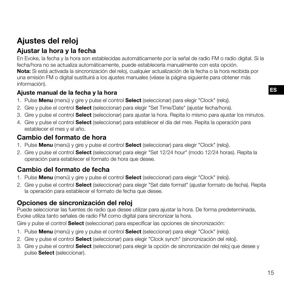 Ajustes del reloj, Ajustar la hora y la fecha, Cambio del formato de hora | Cambio del formato de fecha, Opciones de sincronización del reloj | Pure Evoke D2 User Manual | Page 99 / 104