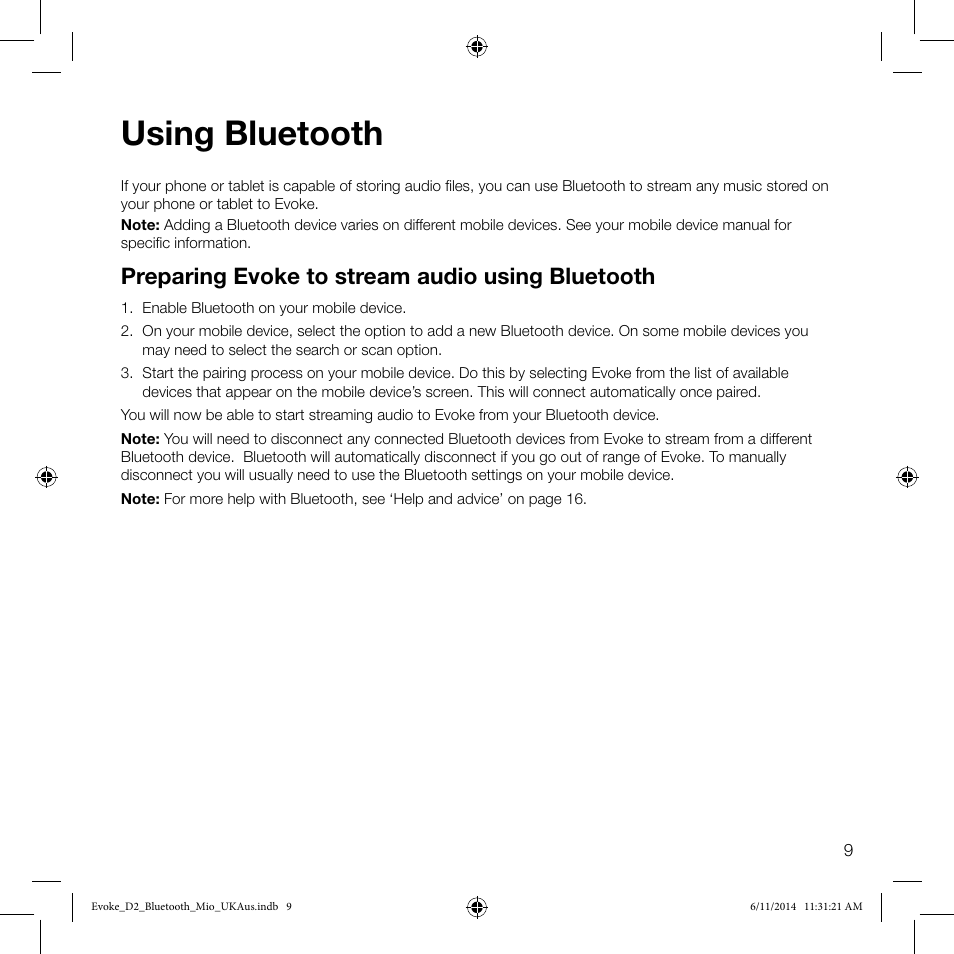 Using bluetooth, Preparing evoke to stream audio using bluetooth | Pure Evoke D2 Mio with Bluetooth User Manual | Page 11 / 24