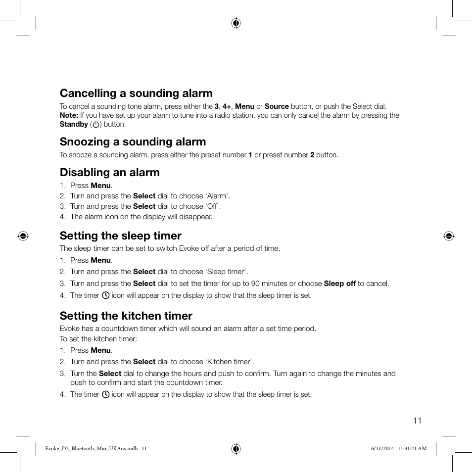 The latest news bbc radio 2, Setting the alarm and sleep timer, Cancelling a sounding alarm | Snoozing a sounding alarm, Disabling an alarm, Setting the sleep timer, Setting the kitchen timer | Pure Evoke D2 Mio with Bluetooth User Manual | Page 13 / 24