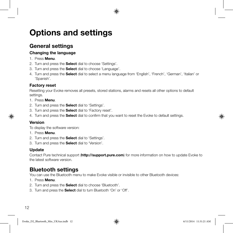 Options and settings, General settings, Bluetooth settings | Pure Evoke D2 Mio with Bluetooth User Manual | Page 14 / 24