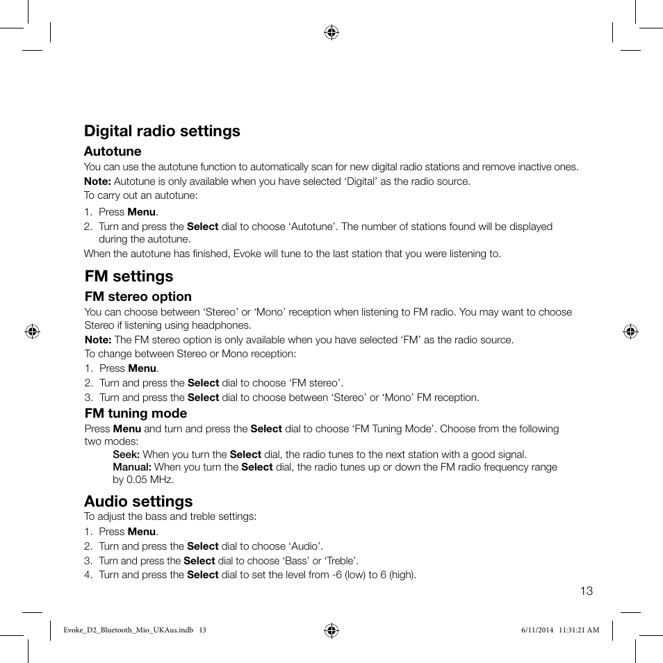 Digital radio settings, Fm settings, Audio settings | Pure Evoke D2 Mio with Bluetooth User Manual | Page 15 / 24