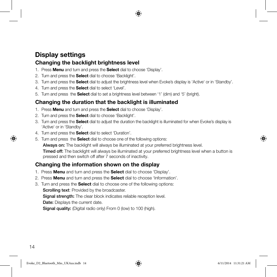 Display settings, Changing the information shown on the display, Changing the backlight brightness level | Pure Evoke D2 Mio with Bluetooth User Manual | Page 16 / 24