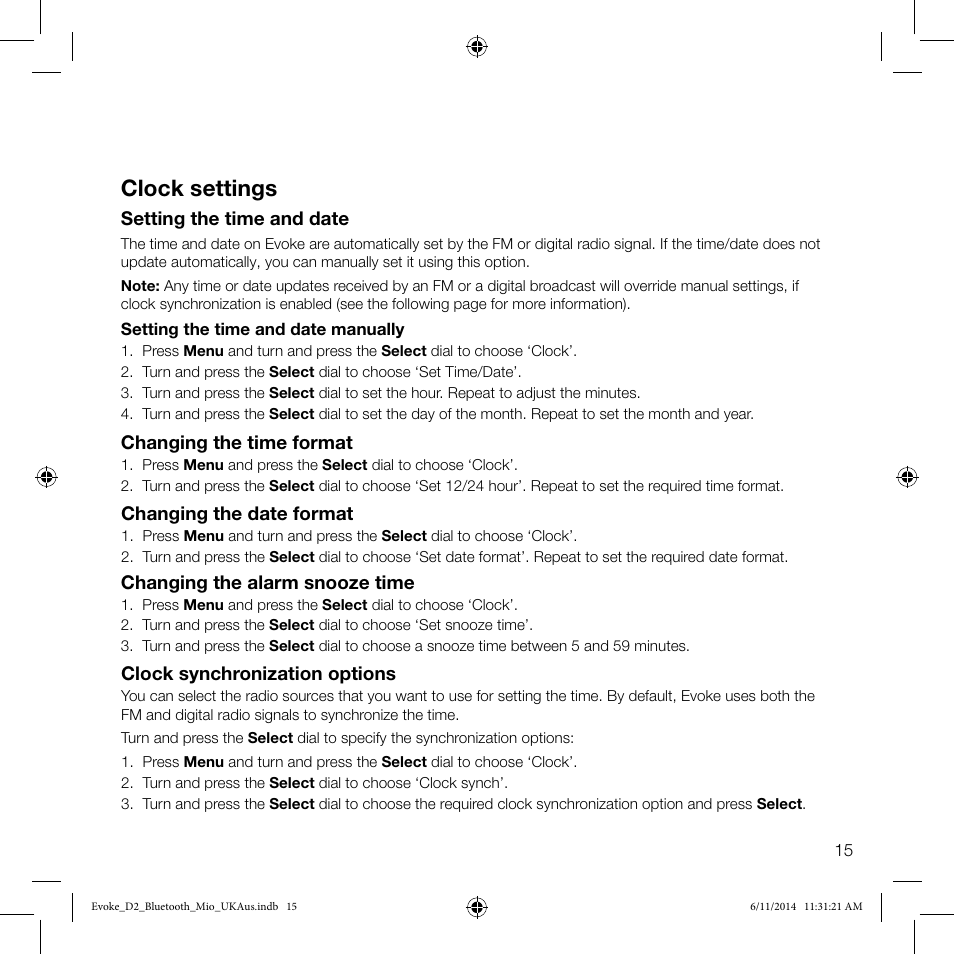 Clock settings | Pure Evoke D2 Mio with Bluetooth User Manual | Page 17 / 24