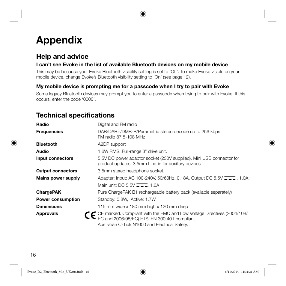 Appendix, Help and advice, Technical specifications | Pure Evoke D2 Mio with Bluetooth User Manual | Page 18 / 24