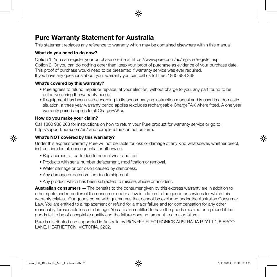 Pure warranty statement for australia | Pure Evoke D2 Mio with Bluetooth User Manual | Page 2 / 24