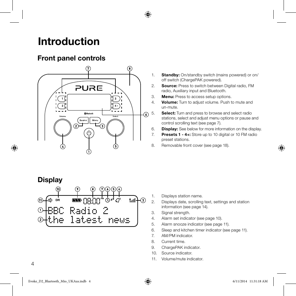 Introduction, The latest news bbc radio 2, Front panel controls | Display | Pure Evoke D2 Mio with Bluetooth User Manual | Page 6 / 24