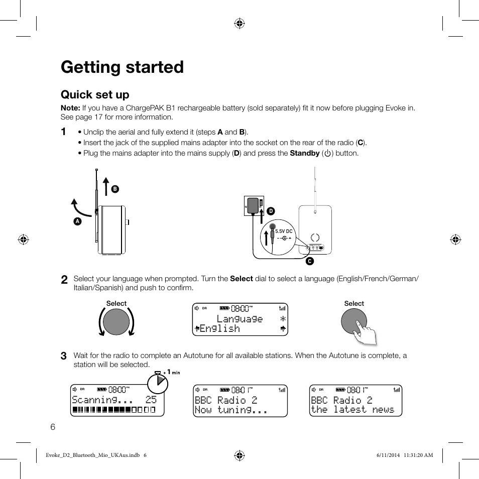 Getting started, Quick set up, English language | The latest news bbc radio 2 scanning, Now tuning... bbc radio 2 | Pure Evoke D2 Mio with Bluetooth User Manual | Page 8 / 24