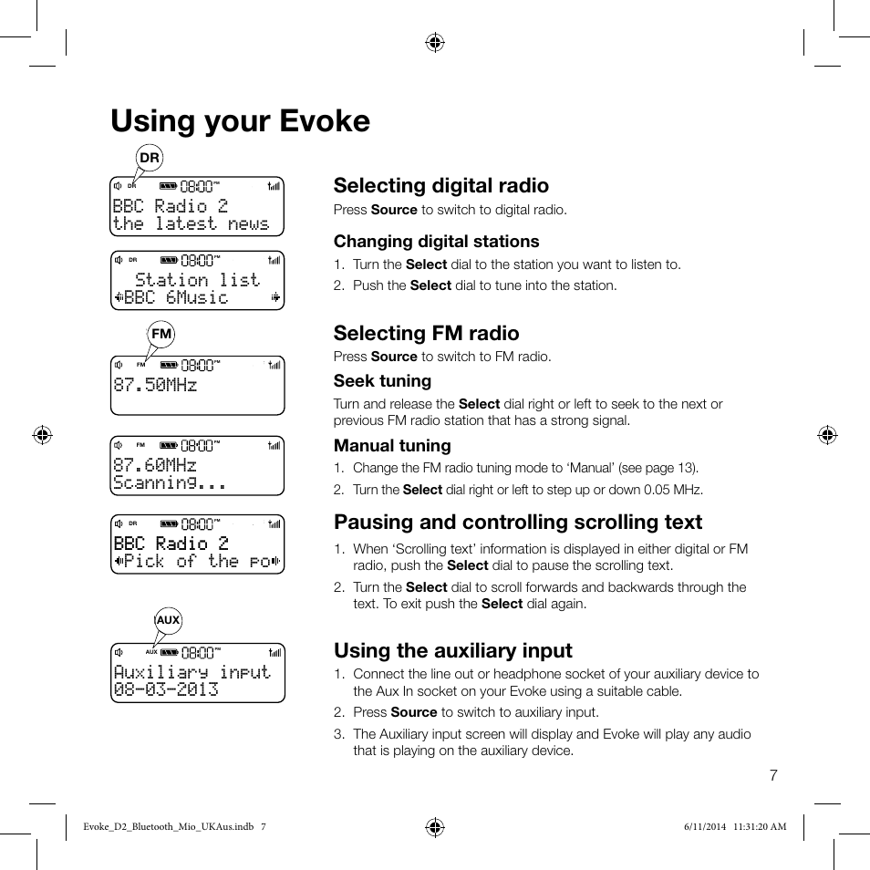 50mhz the latest news bbc radio 2, Using your evoke, Selecting digital radio | Selecting fm radio, Using the auxiliary input, Pausing and controlling scrolling text, The latest news bbc radio 2, Bbc 6music station list, Pick of the po bbc radio 2 bbc radio 2 | Pure Evoke D2 Mio with Bluetooth User Manual | Page 9 / 24