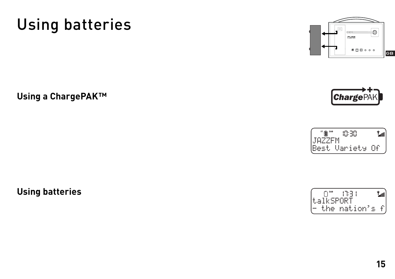 Using batteries, Using a chargepak | Pure Evoke-2XT - User Guide User Manual | Page 18 / 21
