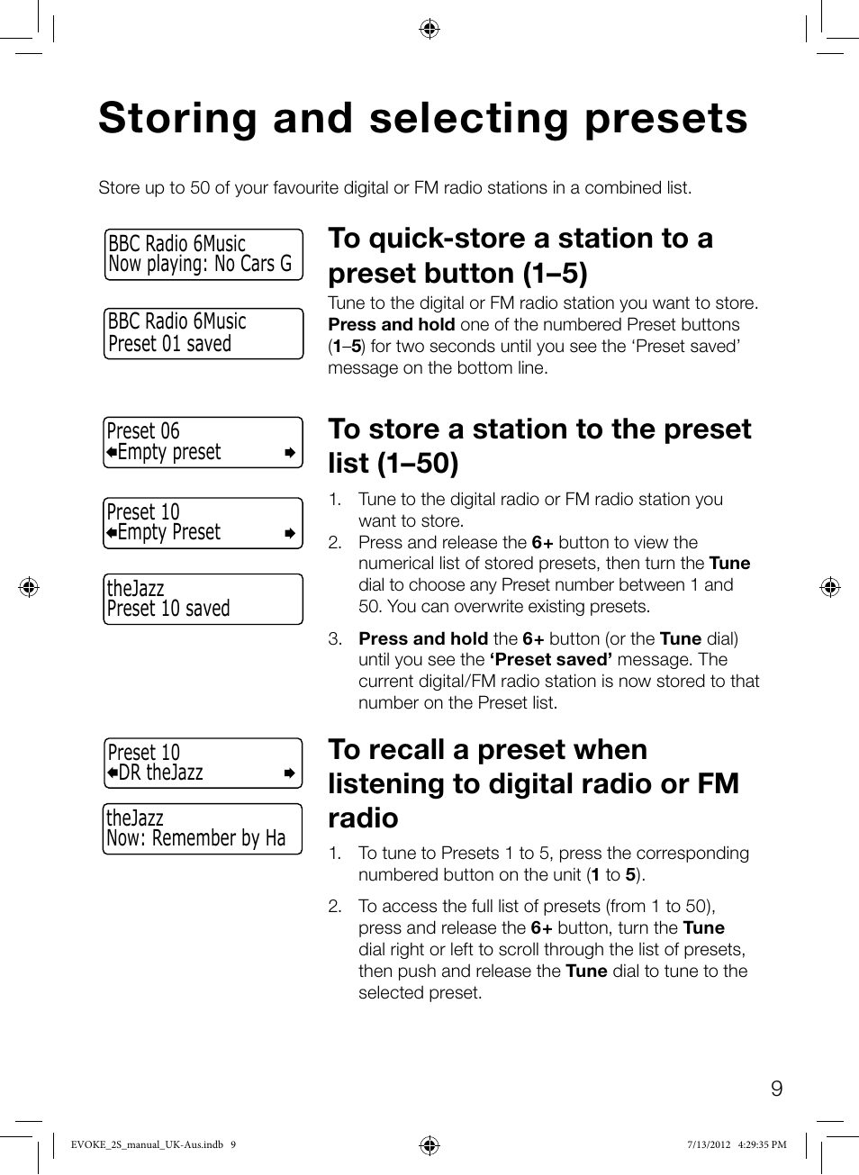 Storing and selecting presets | Pure Evoke-2S User Manual | Page 11 / 20