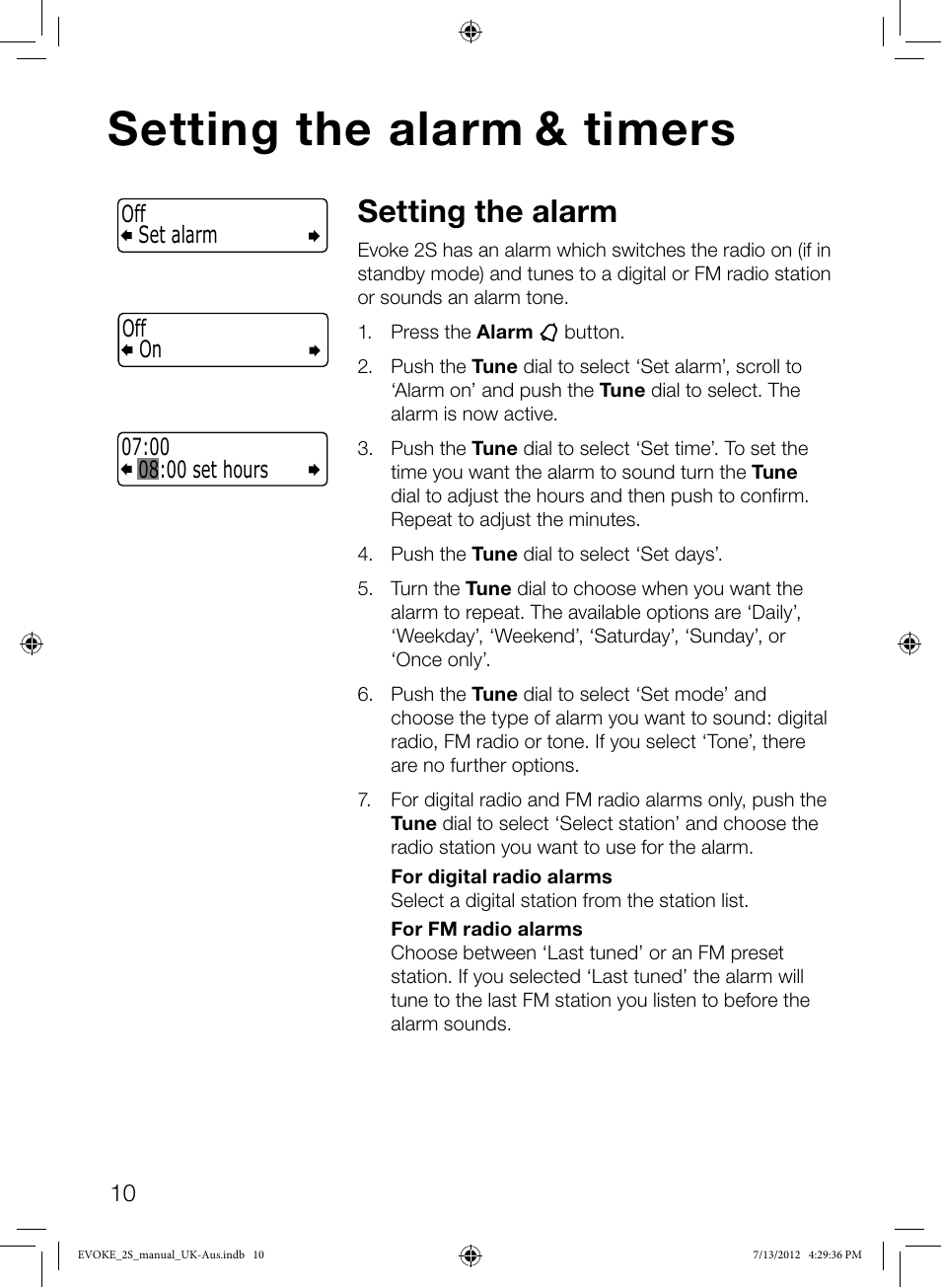 Setting the alarm & timers, Setting the alarm | Pure Evoke-2S User Manual | Page 12 / 20