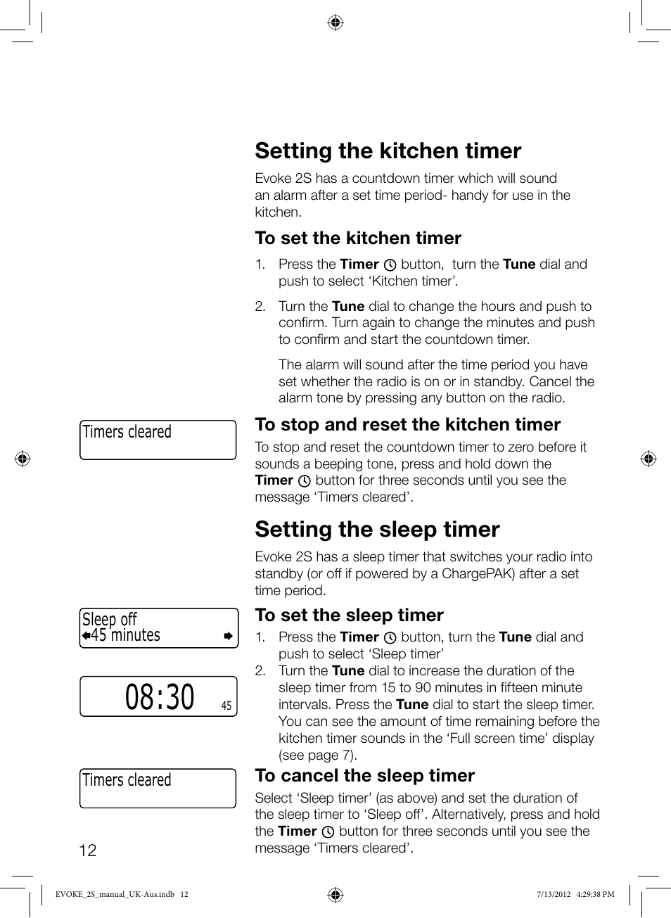 Setting the kitchen timer, Setting the sleep timer | Pure Evoke-2S User Manual | Page 14 / 20