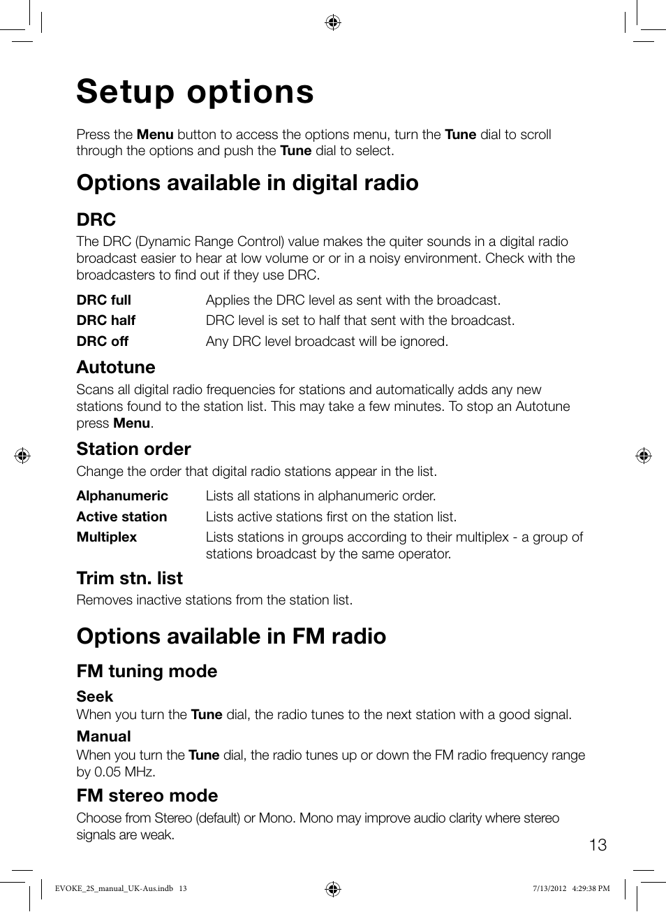 Setup options, Options available in digital radio, Options available in fm radio | Autotune, Station order, Trim stn. list, Fm tuning mode, Fm stereo mode | Pure Evoke-2S User Manual | Page 15 / 20