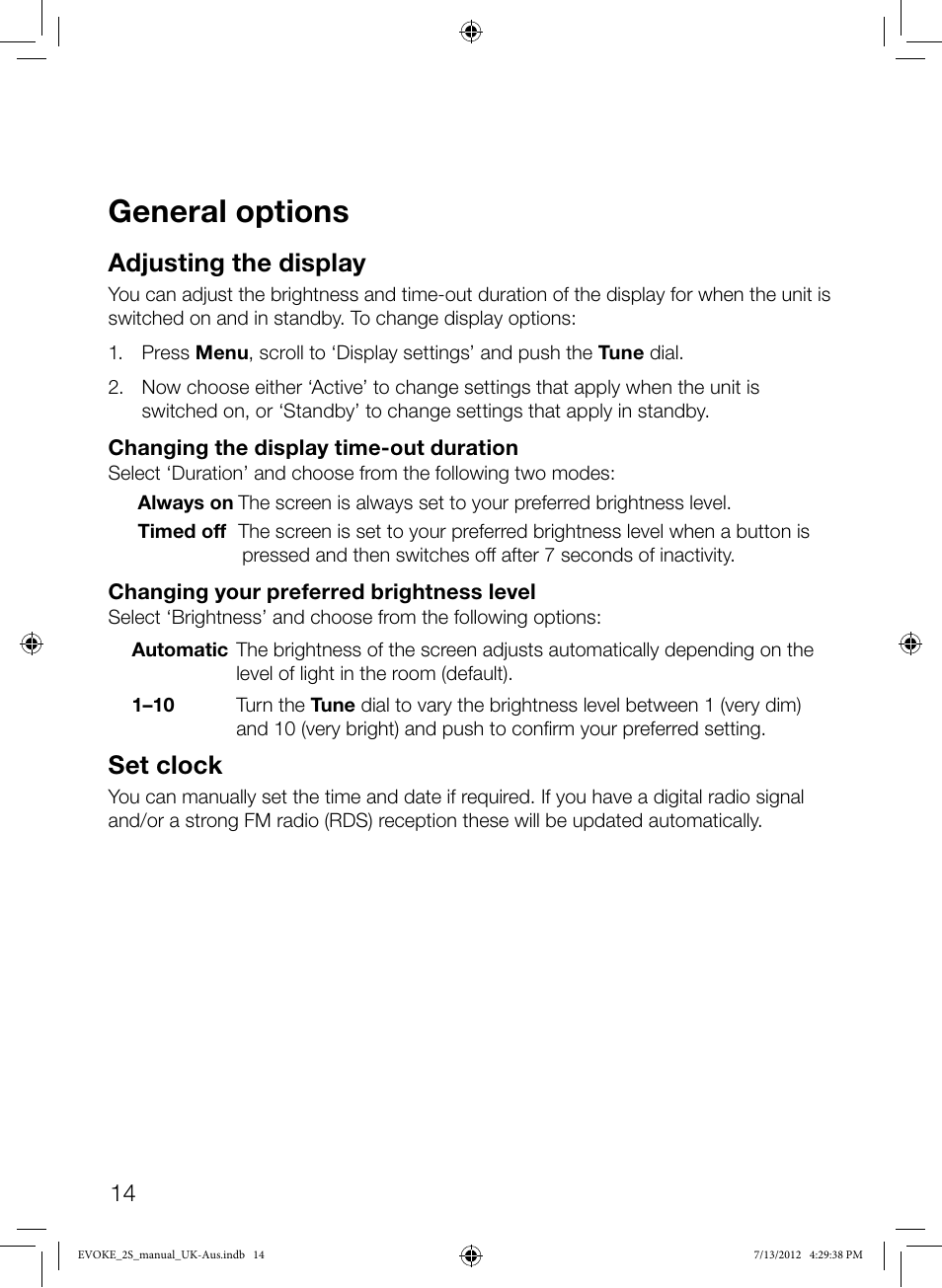 General options, Adjusting the display, Set clock | Pure Evoke-2S User Manual | Page 16 / 20