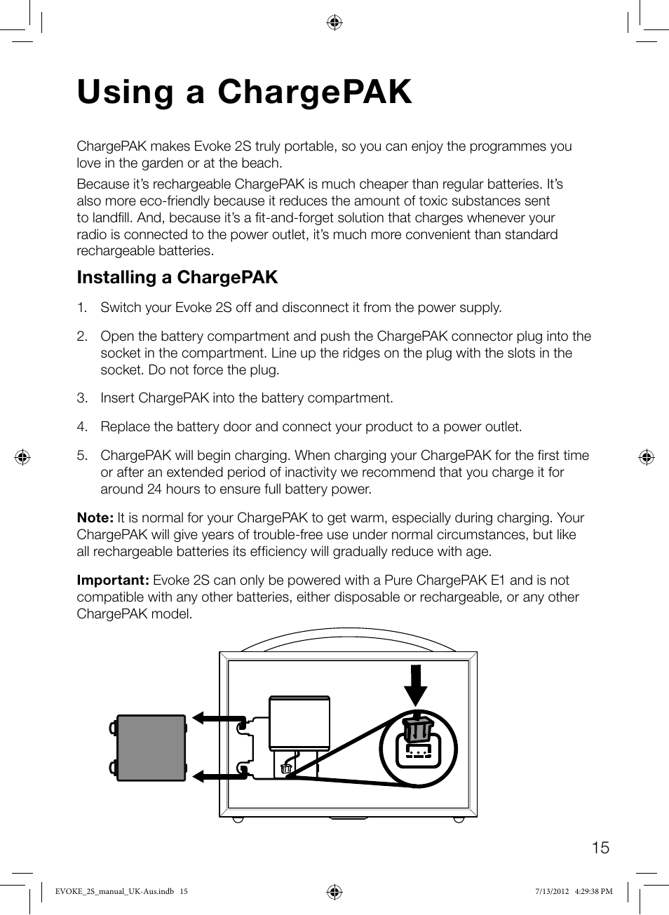 Using a chargepak, Installing a chargepak | Pure Evoke-2S User Manual | Page 17 / 20