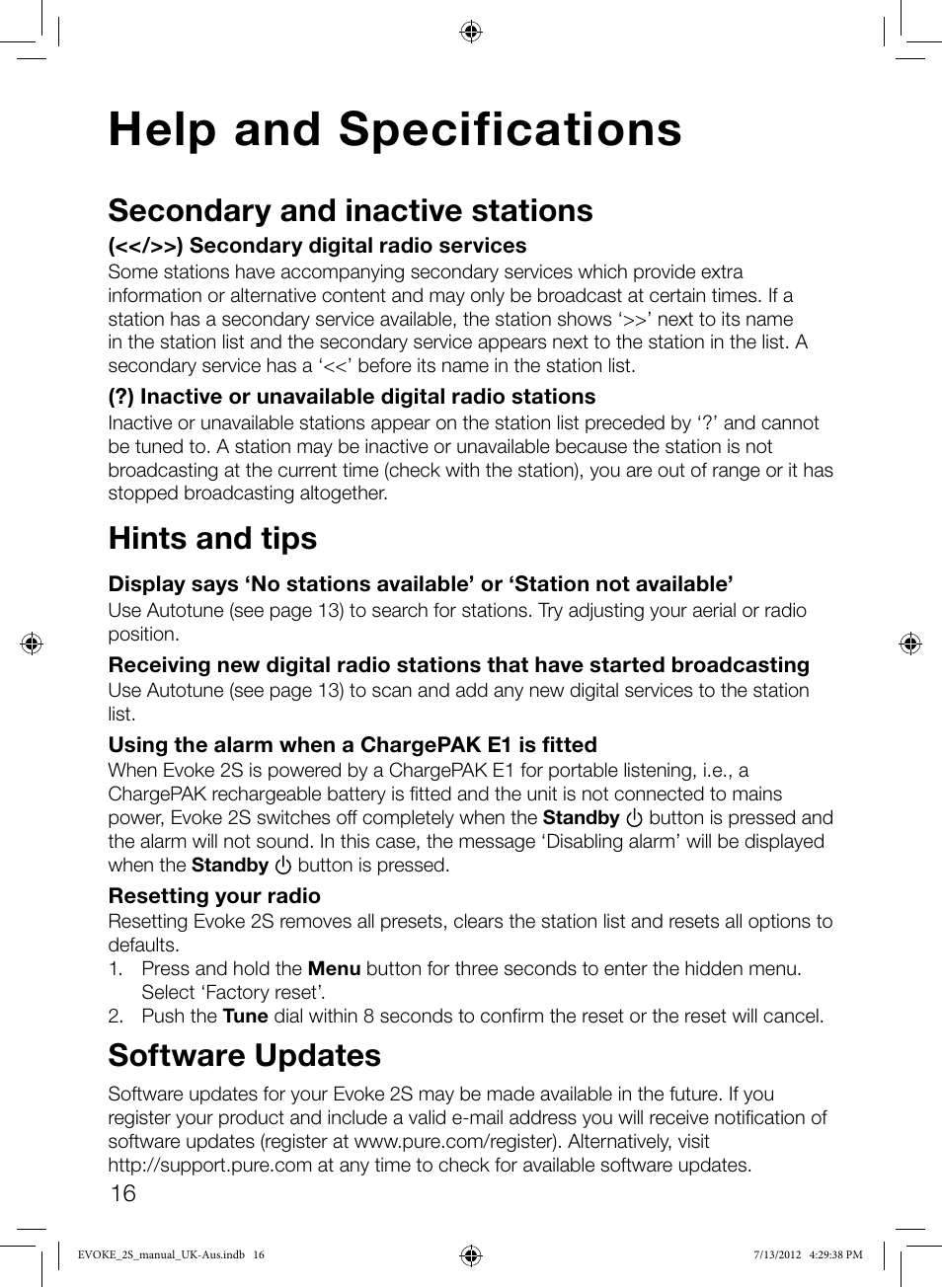 Help and specifications, Secondary and inactive stations, Hints and tips | Software updates | Pure Evoke-2S User Manual | Page 18 / 20