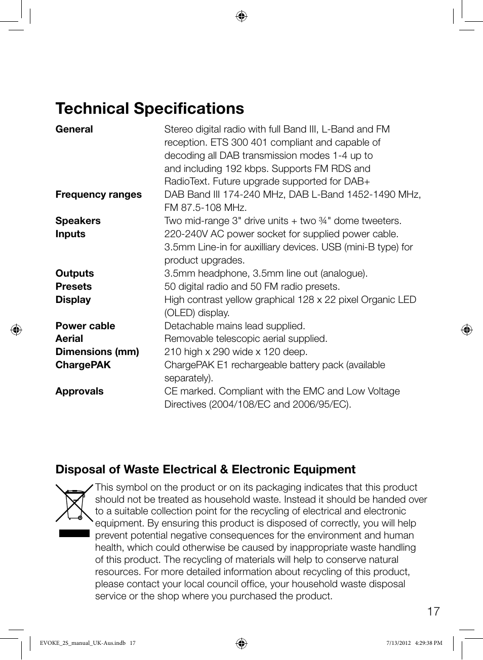 Technical specifications | Pure Evoke-2S User Manual | Page 19 / 20