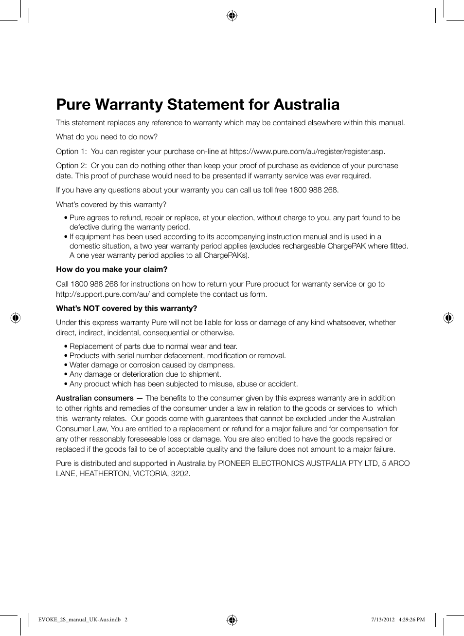 Pure warranty statement for australia | Pure Evoke-2S User Manual | Page 2 / 20