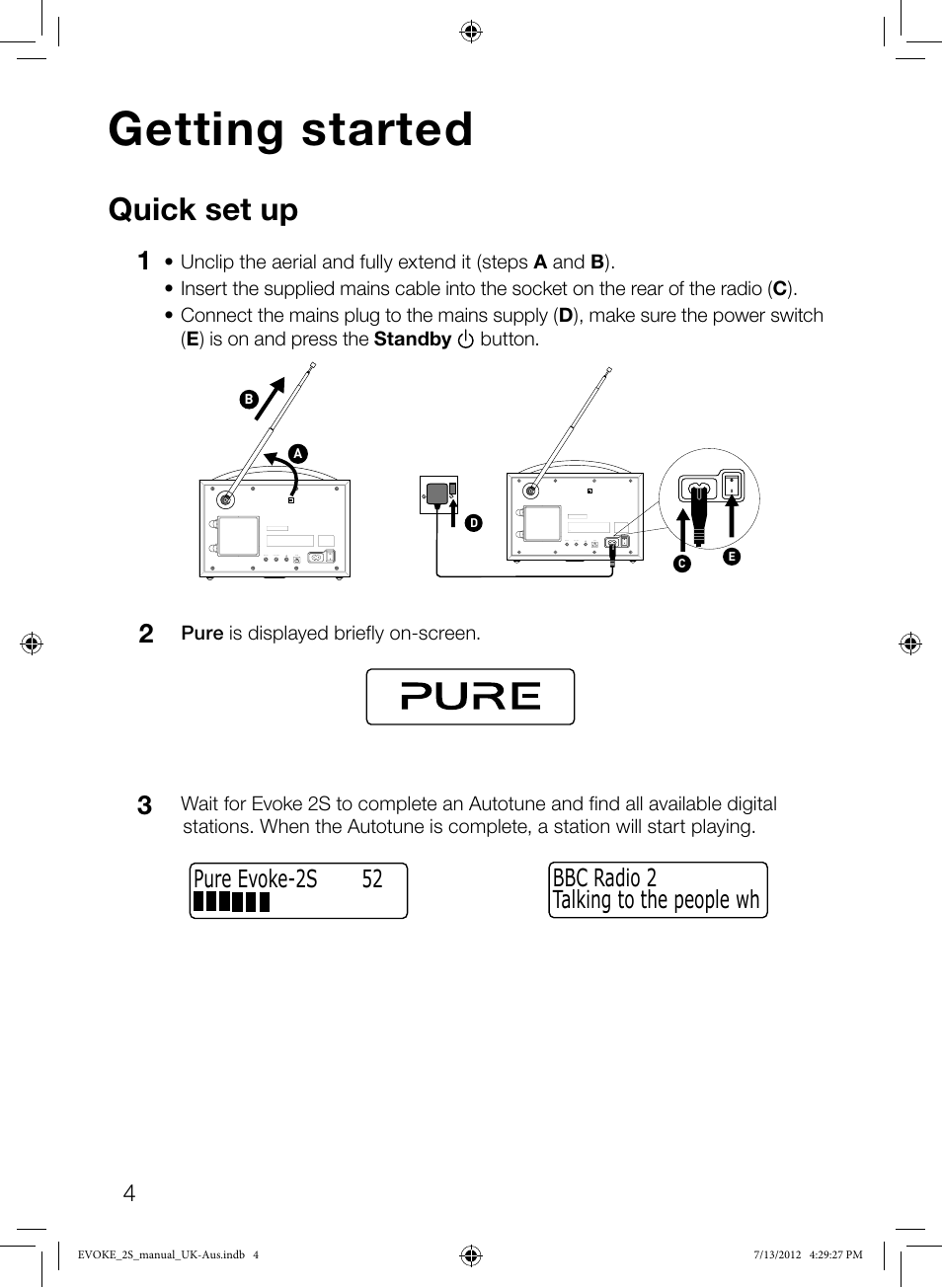 Getting started, Quick set up, Talking to the people wh bbc radio 2 | Pure evoke-2s 52 | Pure Evoke-2S User Manual | Page 6 / 20