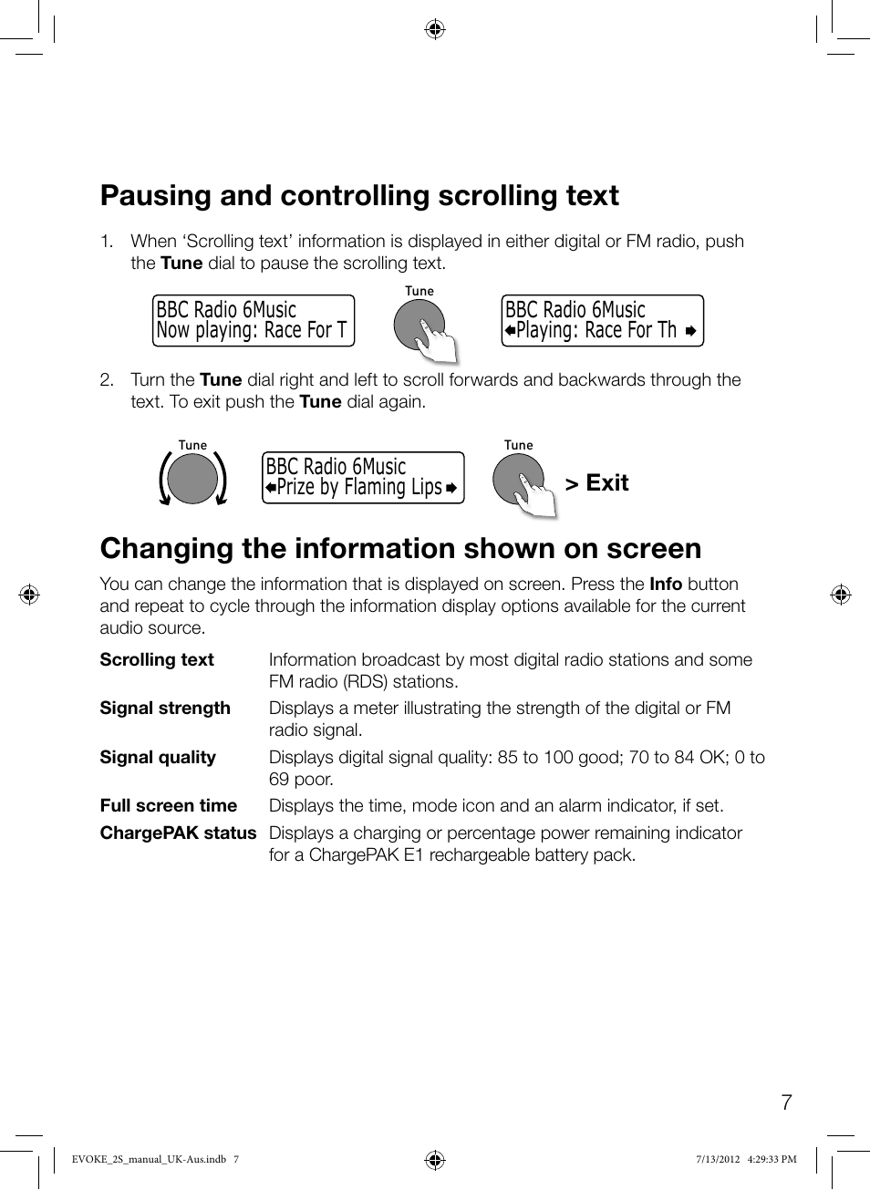 Pausing and controlling scrolling text, Changing the information shown on screen, Exit | Pure Evoke-2S User Manual | Page 9 / 20