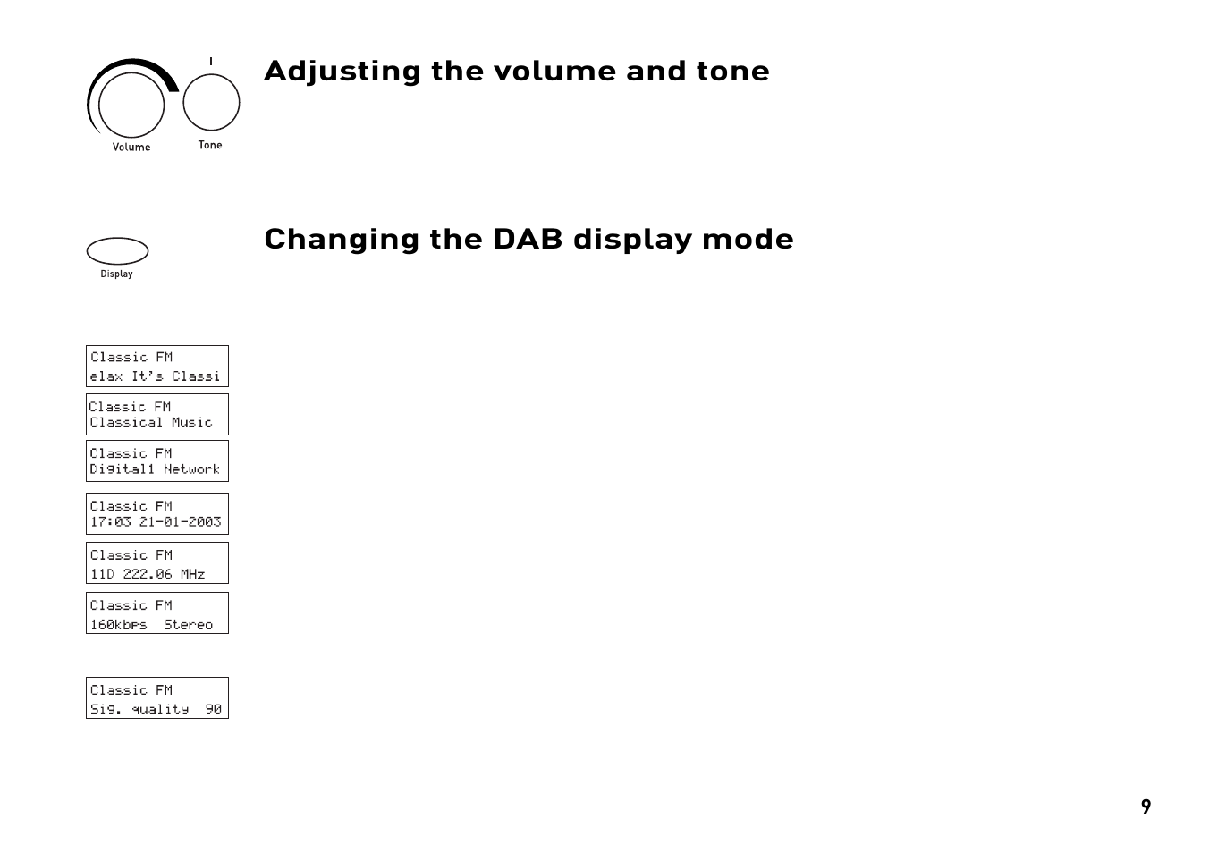Changing the dab display mode, Adjusting the volume and tone | Pure Evoke-2 User Manual | Page 12 / 24