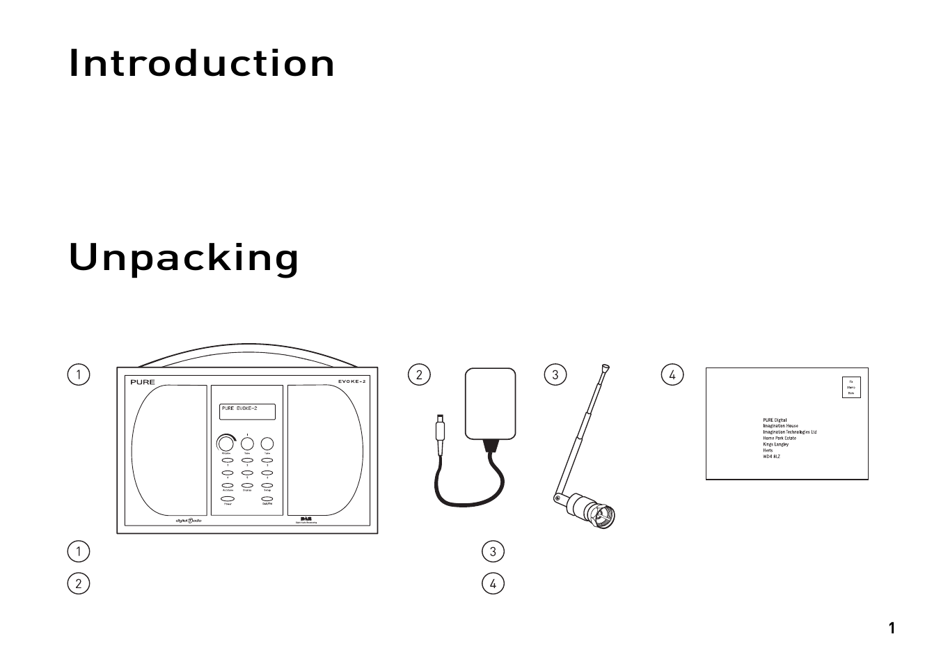 Introduction, Unpacking | Pure Evoke-2 User Manual | Page 4 / 24