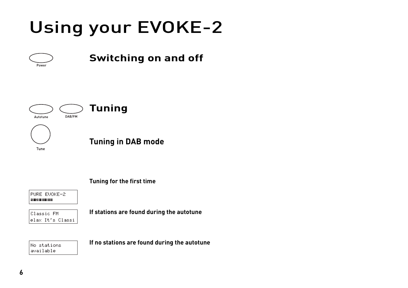 Using your evoke-2, Switching on and off, Tuning | Pure Evoke-2 User Manual | Page 9 / 24