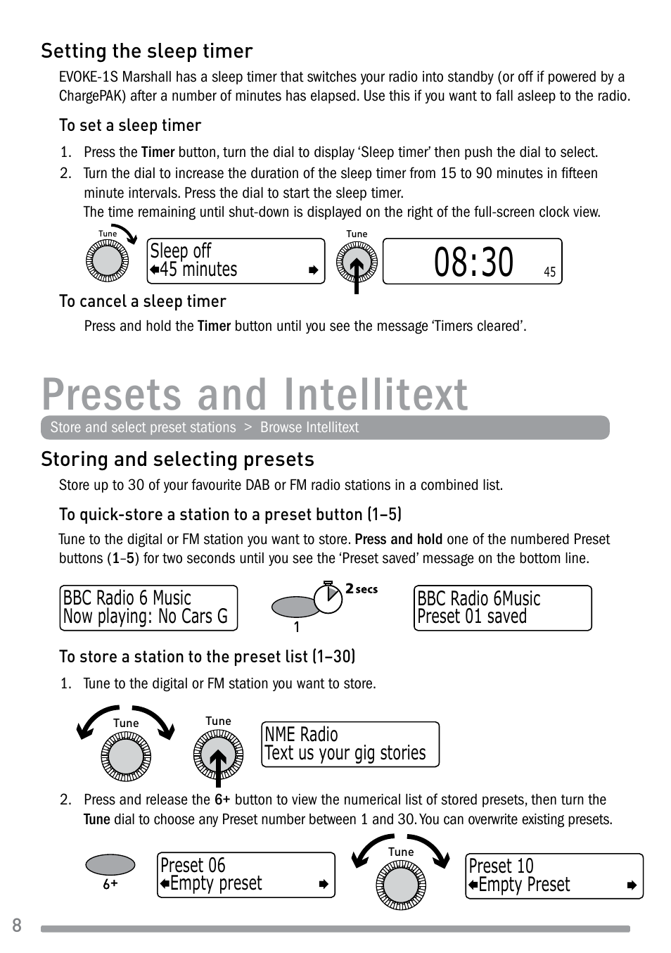 Presets and intellitext, Storing and selecting presets, Setting the sleep timer | Pure Evoke-1S Marshall User Manual | Page 10 / 88