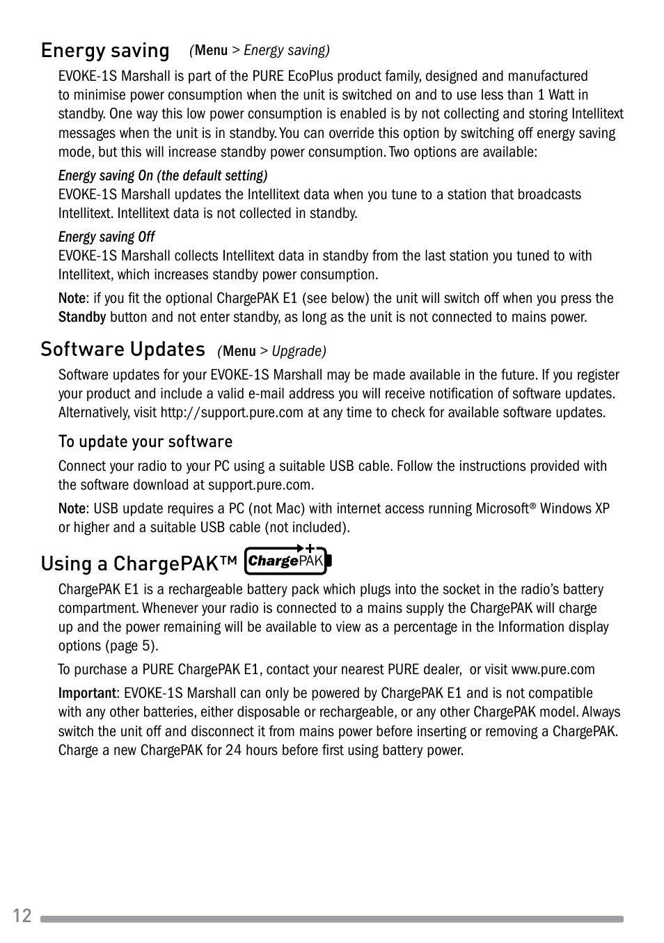 Energy saving, Software updates, Using a chargepak | Pure Evoke-1S Marshall User Manual | Page 14 / 88