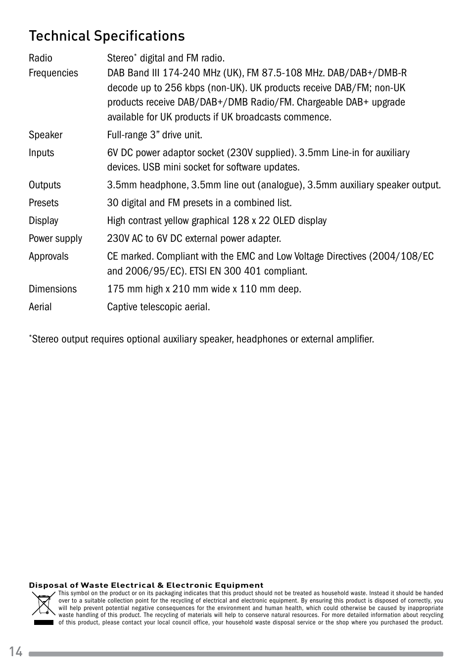 Technical specifications | Pure Evoke-1S Marshall User Manual | Page 16 / 88