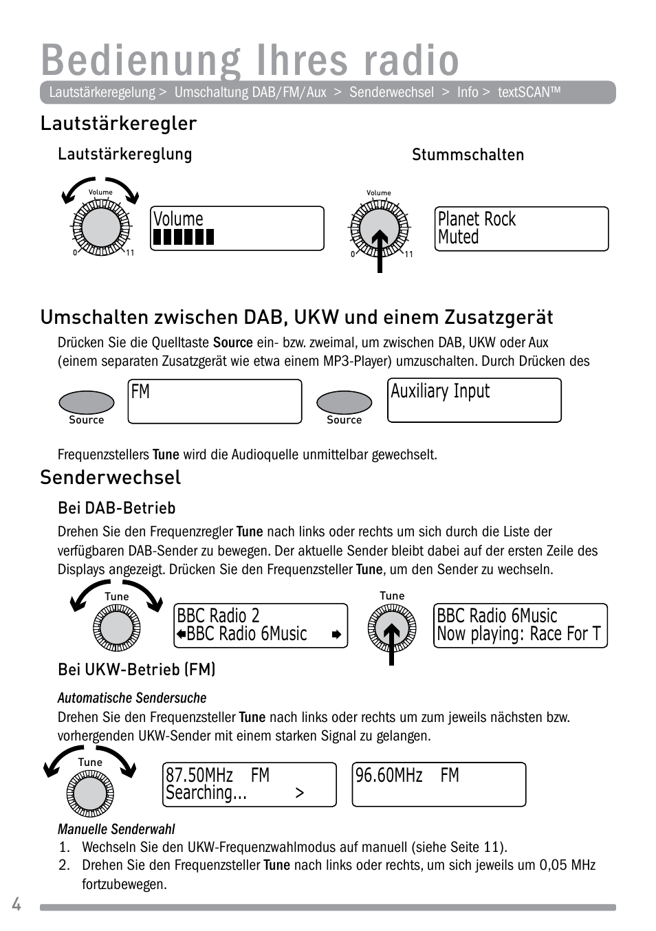 Bedienung ihres radio, Lautstärkeregler, Umschalten zwischen dab, ukw und einem zusatzgerät | Senderwechsel | Pure Evoke-1S Marshall User Manual | Page 20 / 88