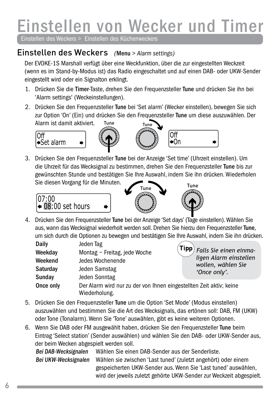 Einstellen von wecker und timer, Einstellen des weckers | Pure Evoke-1S Marshall User Manual | Page 22 / 88