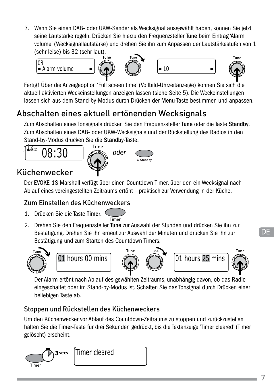 Abschalten eines aktuell ertönenden wecksignals, Küchenwecker, Timer cleared | Oder | Pure Evoke-1S Marshall User Manual | Page 23 / 88