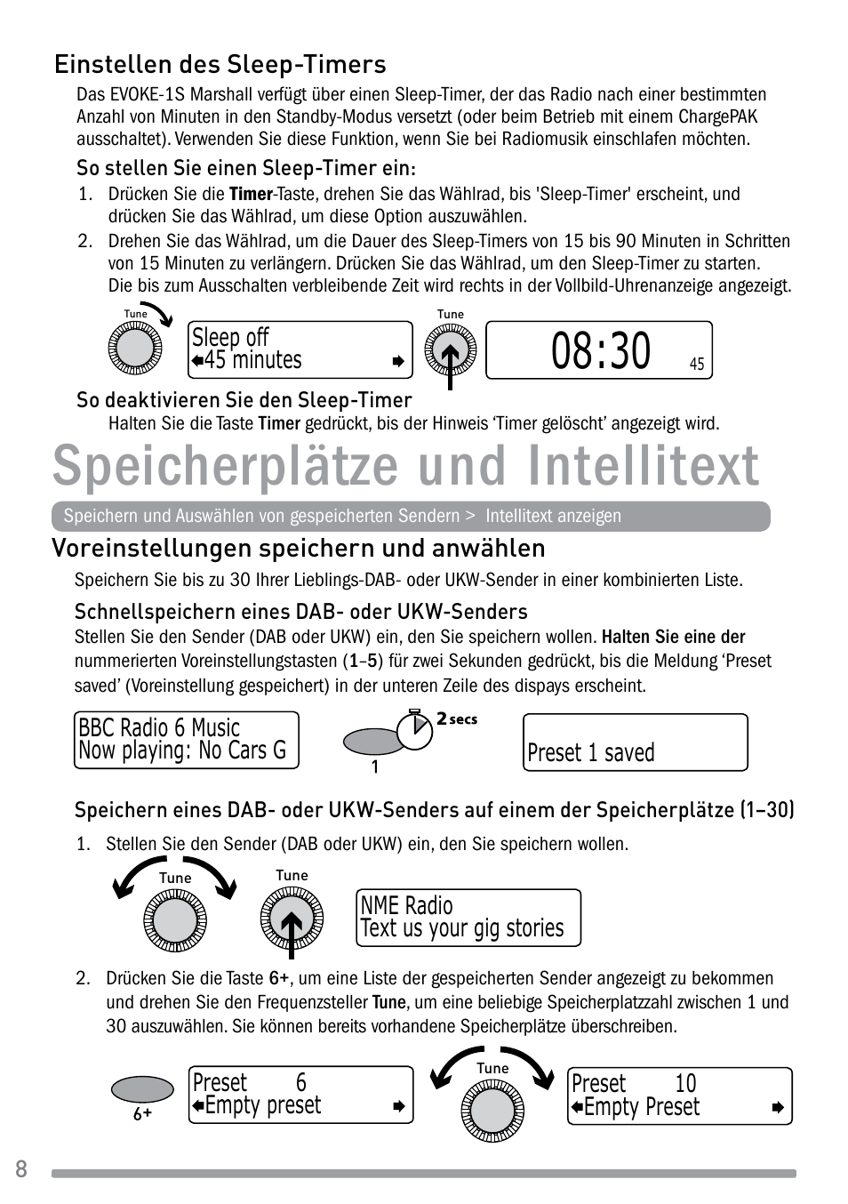 Speicherplätze und intellitext, Voreinstellungen speichern und anwählen, Einstellen des sleep-timers | Pure Evoke-1S Marshall User Manual | Page 24 / 88