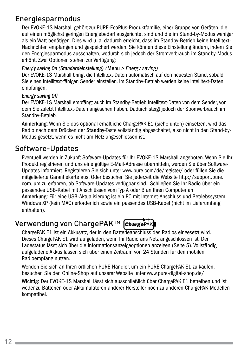 Energiesparmodus, Software-updates, Verwendung von chargepak | Pure Evoke-1S Marshall User Manual | Page 28 / 88