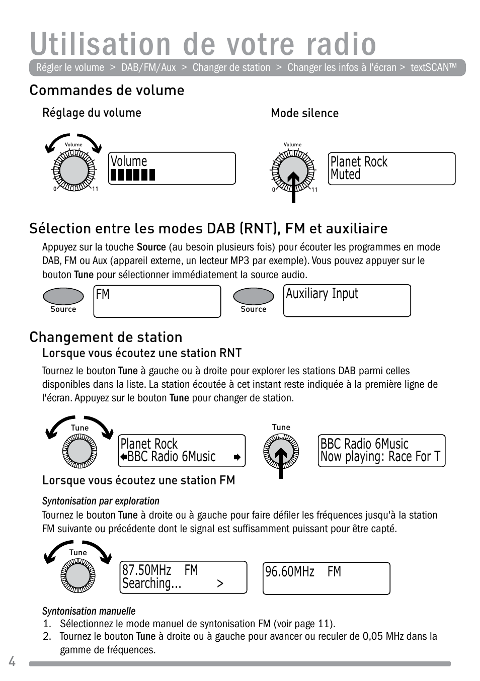 Utilisation de votre radio, Commandes de volume, Changement de station | Pure Evoke-1S Marshall User Manual | Page 34 / 88