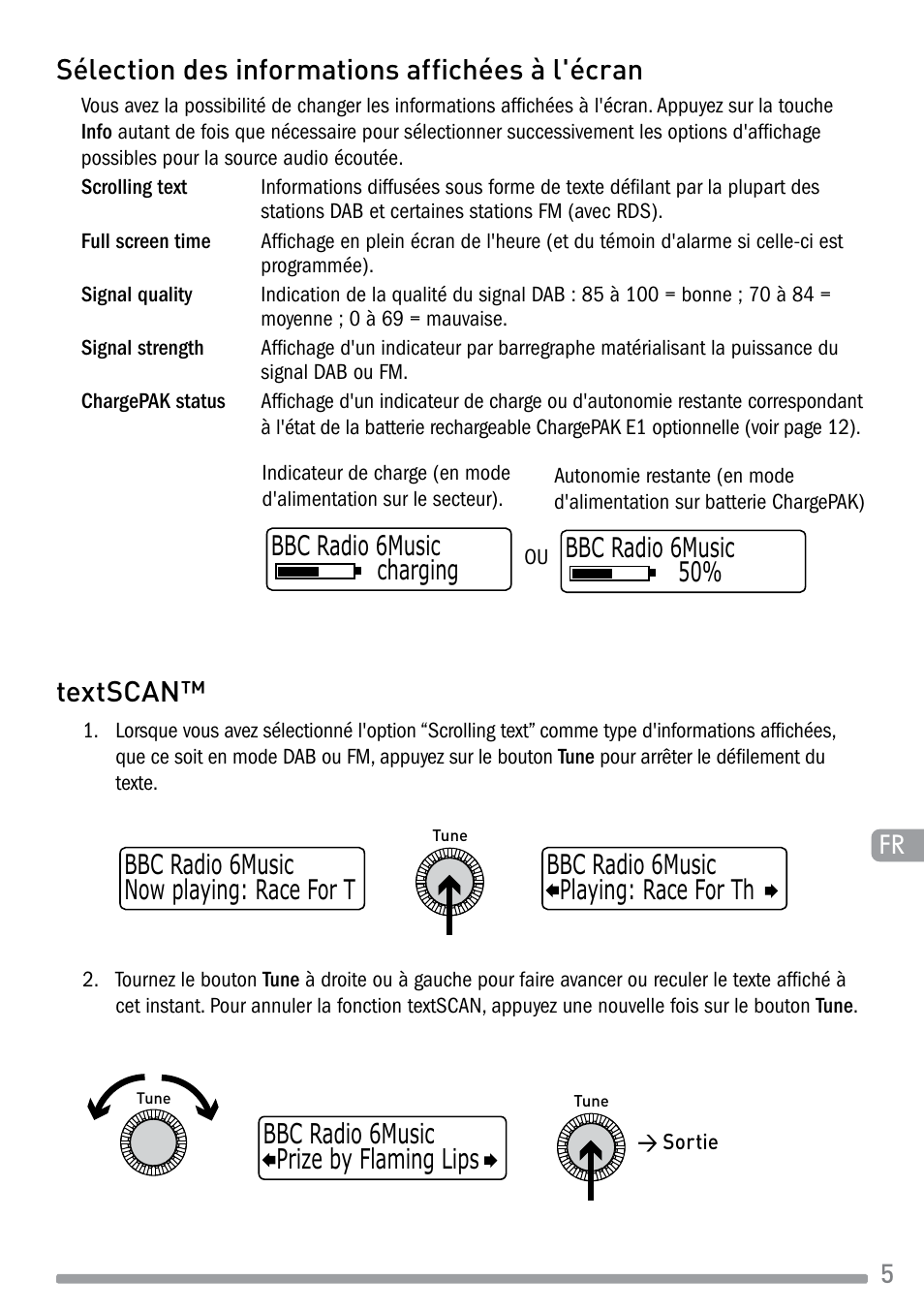 Sélection des informations affichées à l'écran, Textscan, Bbc radio 6music charging bbc radio 6music 50 | Pure Evoke-1S Marshall User Manual | Page 35 / 88