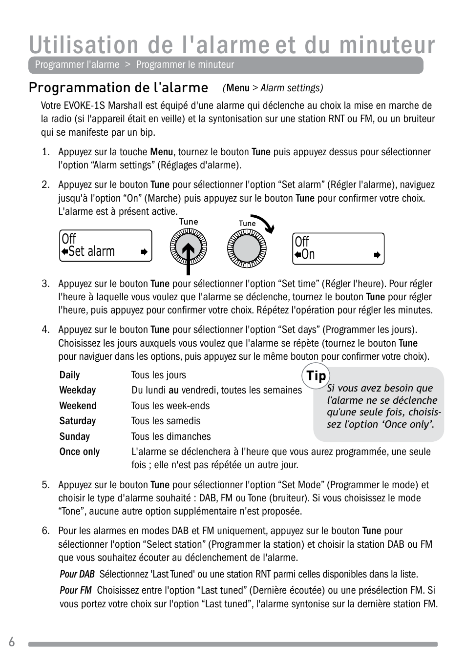 Utilisation de l'alarme et du minuteur, Programmation de l'alarme, Set alarm off on off | Pure Evoke-1S Marshall User Manual | Page 36 / 88