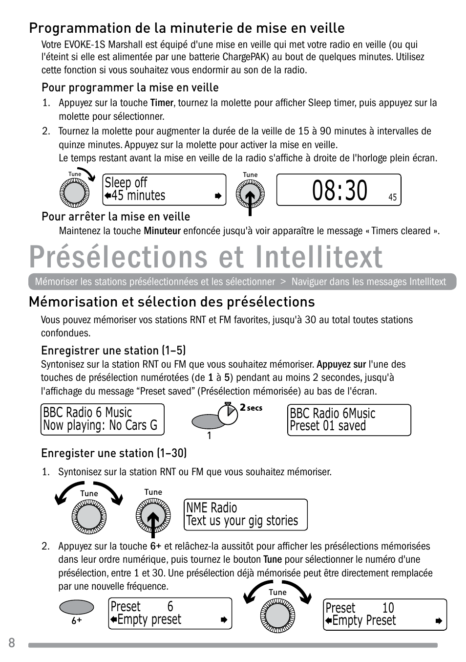 Présélections et intellitext, Mémorisation et sélection des présélections, Programmation de la minuterie de mise en veille | Pure Evoke-1S Marshall User Manual | Page 38 / 88